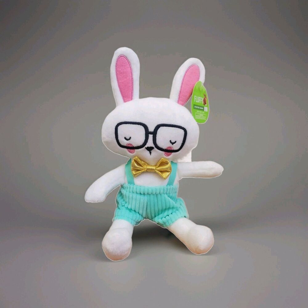 Happy Go Fluffy White Bunny Rabbit Plush Glasses Corduroy Overalls 9" NWT